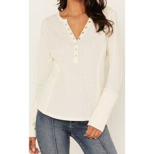 Idyllwind Henley Shirt Size Large Pearl Knit V Neck Long Sleeve Top Ivory Cotton